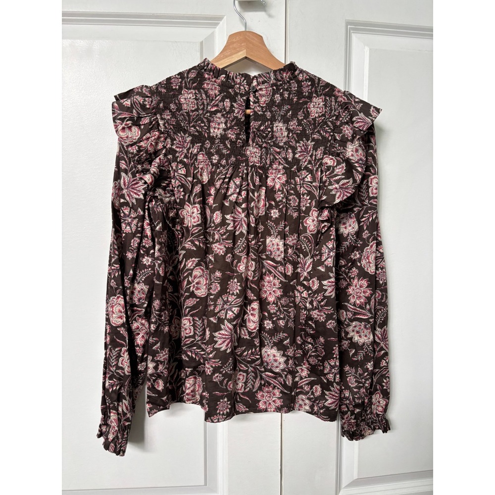 GAP Brown Floral Smocked Ruffle Yoke Blouse‎ Long Sleeve XS Brown Floral Boho - Picture 5 of 7